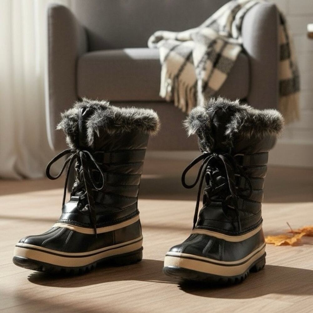 Sporto Winnie cold-weather winter black rubber fluffy fur lined Snow boots Sz 9
